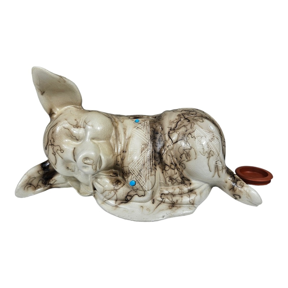 Vintage Horsehair Pottery Pig Piggybank Etched Turquoise Pieces Signed Vail RARE